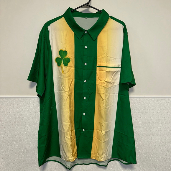Button-Up Shirt Green/Yellow Size XXL with Shamrock Print Irish Clover NEW - Picture 8 of 10